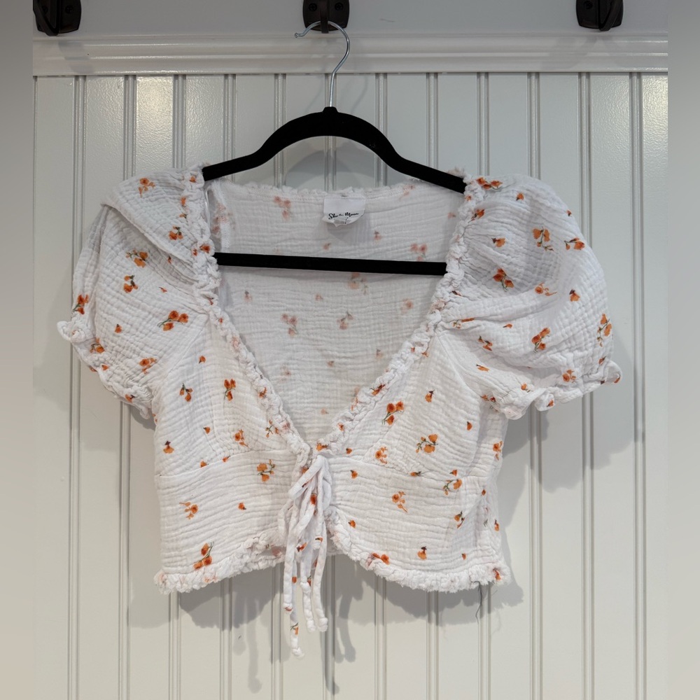 Sky to Moon White and Orange Puff Sleeve Blouse with Ruffled Tie Front